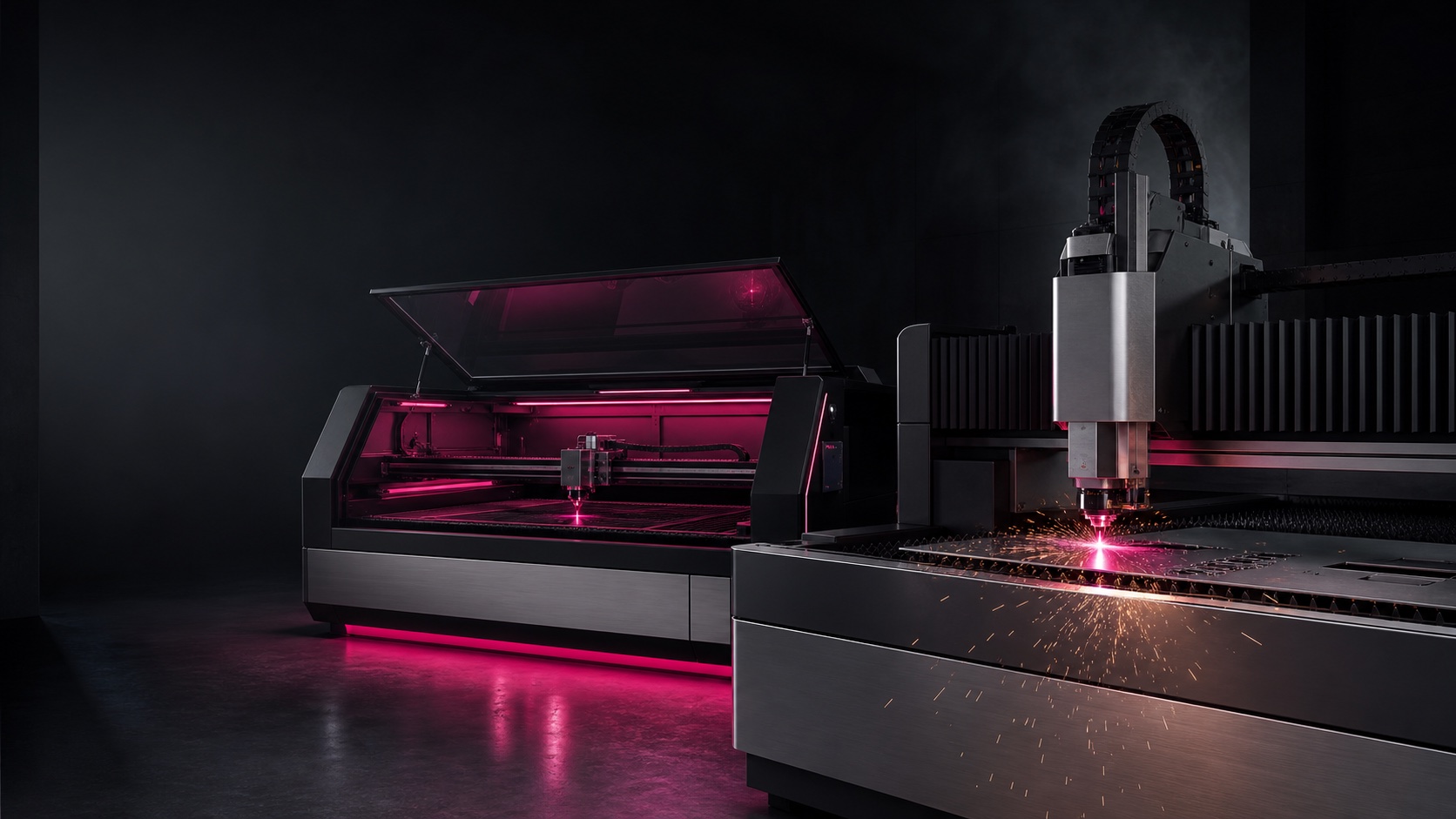 เครื่อง CO2 Laser และ Fiber Laser กำลังตัดงานอะคริลิคและสแตนเลส