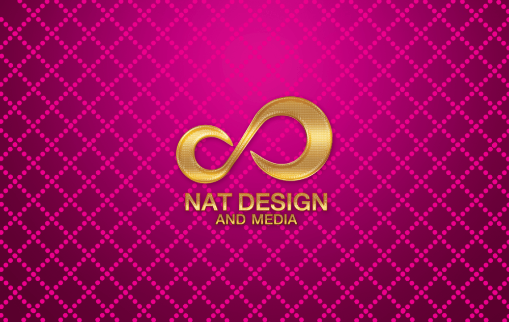 โลโก้ Nat Design and Media ที่มีสัญลักษณ์อนันต์สีทองบนพื้นหลังม่วงบานเย็นแบบเรขาคณิต