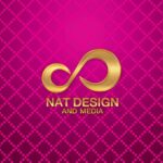 โลโก้ NAT Design and Media ลายอนันต์สีทองบนพื้นหลังสีชมพูม่วงลายสี่เหลี่ยมจัตุรัส