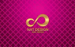 โลโก้ NAT Design and Media ลายอนันต์สีทองบนพื้นหลังสีชมพูม่วงลายสี่เหลี่ยมจัตุรัส