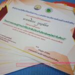 ใบประกาศนียบัตรทางการศึกษาที่มีกรอบแดงและสีทองอยู่บนพื้นสีฟ้า เป็นเอกสารสำเร็จการศึกษาของสถาบันการศึกษาไทย