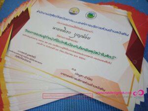 ใบประกาศนียบัตรทางการศึกษาที่มีกรอบแดงและสีทองอยู่บนพื้นสีฟ้า เป็นเอกสารสำเร็จการศึกษาของสถาบันการศึกษาไทย