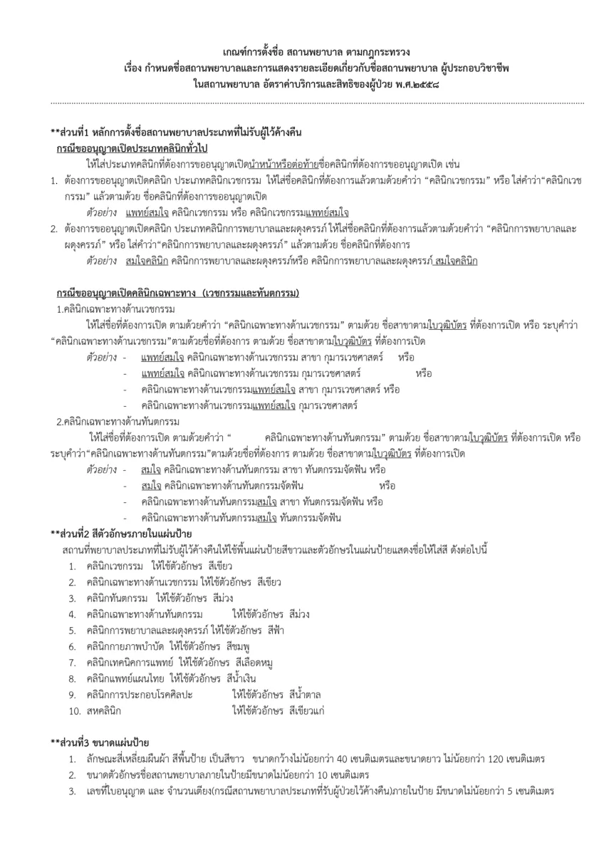 เกณฑ์การตั้งชื่อ สถานพยาบาล ตามกฎกระทรวง