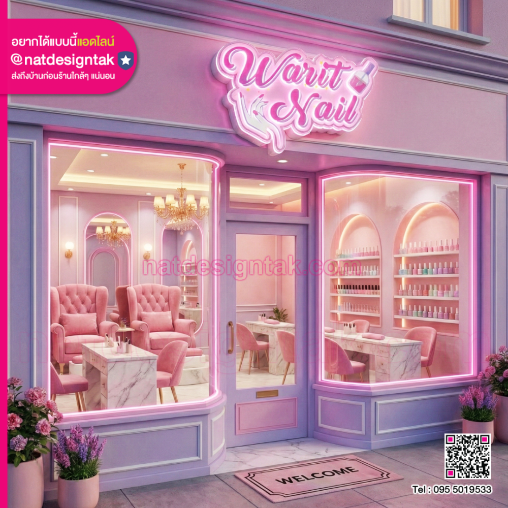 ป้ายไฟร้านทำเล็บ Warit Nail อะคริลิคพิมพ์ UV ไฟออกหน้า ดีไซน์มินิมอล