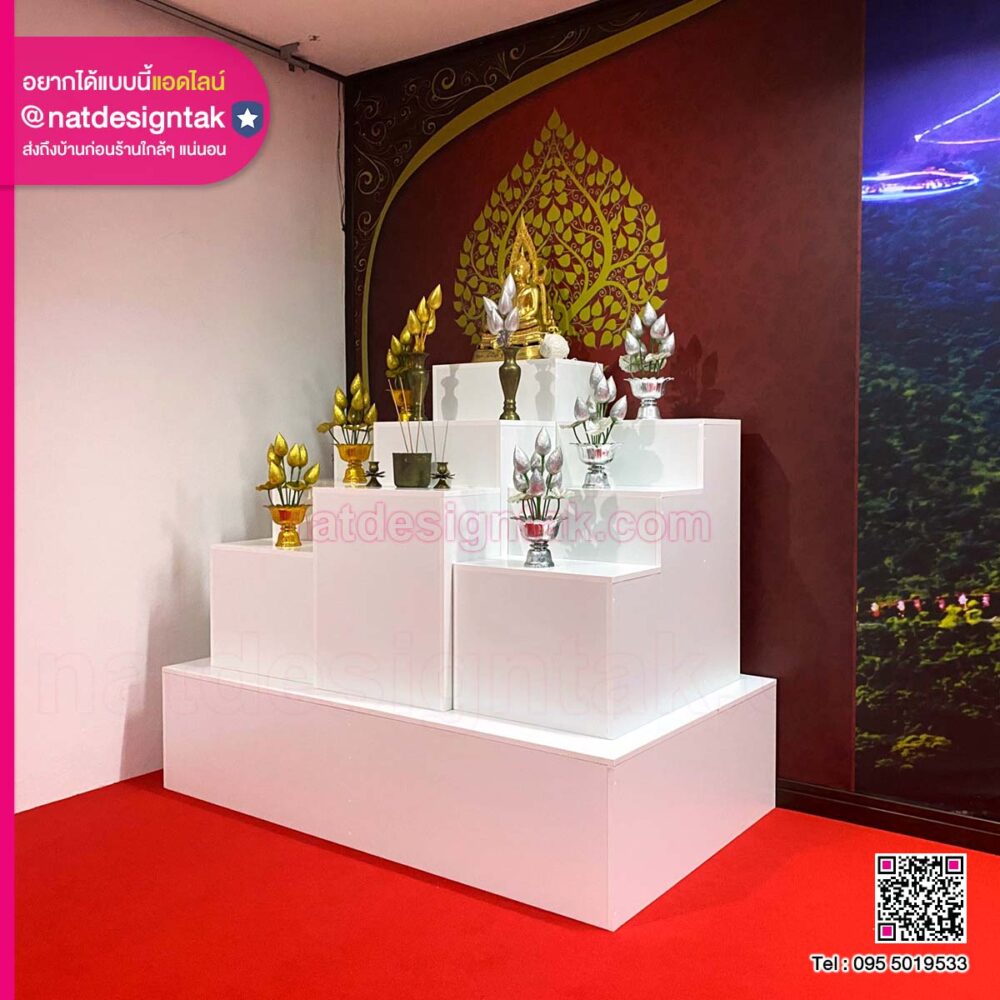 มุมข้างชุดโต๊ะหมู่บูชาสีขาว การเก็บงานขอบโต๊ะละเอียด