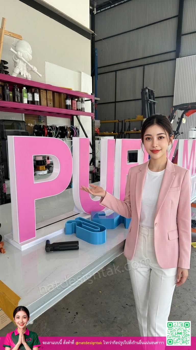 ป้ายอักษรไฟออกหน้า 3D puffyme สีชมพูพร้อมช่างแนะนำ