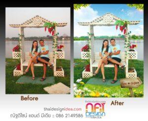 ภาพเปรียบเทียบก่อนและหลังแต่งภาพ คู่รักนั่งบนม้านั่งสีขาวตกแต่งด้วยดอกไม้สีแดงที่ริมแม่น้ำ