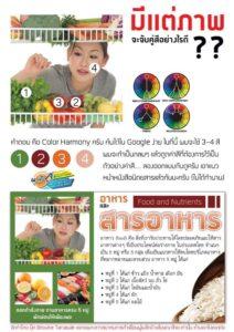 โปสเตอร์การศึกษาเกี่ยวกับความกลมกลืนของสีในการเลือกอาหารและโภคนูษยศาสตร์อาหาร แสดงวงจรสีและตัวอย่างอาหารตามกลุ่มสี 5 หมู่