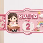 ป้ายห้องเรียนน่ารัก อนุบาล 2 สีชมพูลายการ์ตูน