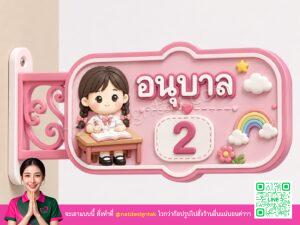 ป้ายห้องเรียนน่ารัก อนุบาล 2 สีชมพูลายการ์ตูน