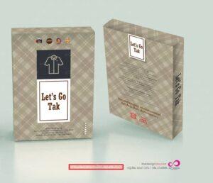 กล่องผ้าสีเบจลายตาราหมากรุกแสดงด้านหน้าและด้านหลังของแบรนด์ Let's Go Tak พร้อมไอคอนแบรนด์และข้อมูลติดต่อ