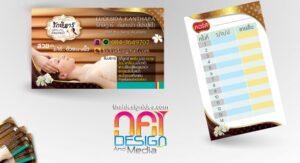 นามบัตรและปฏิทินสำหรับศูนย์สปาและนวดลักษิดา กัณฑพา ที่แสดงการออกแบบเพื่อการบริหารจัดการและติดต่อสำหรับบริการนวดและสปา