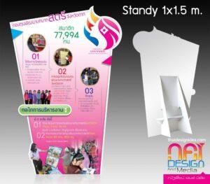 แบนเนอร์สแตนดี้ขนาด 1x1.5 เมตร สีชมพูและสีขาว โดย Danai Design and Media แสดงข้อมูลสถิติและกิจกรรมที่เกี่ยวข้องกับมหาวิทยาลัยสตรี