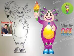 การเปรียบเทียบภาพวาดมือสไตล์เด็กเป็นตัวละครการ์ตูนสดใสด้วยสีม่วงเหลืองและเขียว