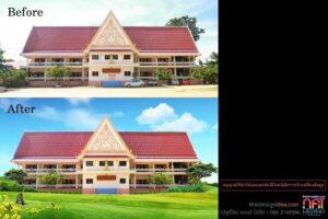 ภาพเปรียบเทียบการปรับปรุงอาคารไทยประเพณีแบบ Before and After โดยหลังจากการสวดน้ำและจัดระเบียบภูมิทัศน์