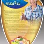 โปสเตอร์เปิดร้านอาหารจากสตรีไทยยิ้มแย้มสวยงาม พร้อมข้อมูลเกี่ยวกับธุรกิจและรูปภาพอาหารจานด้านล่าง