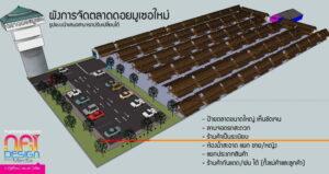 แผนภาพการออกแบบสถานีบริการดูแลสุขภาพสัตว์เลี้ยงแบบไม่หลังคา พร้อมที่จอดรถ อาคารสำนักงาน และโปรแกรมอ่านเนื้อหา