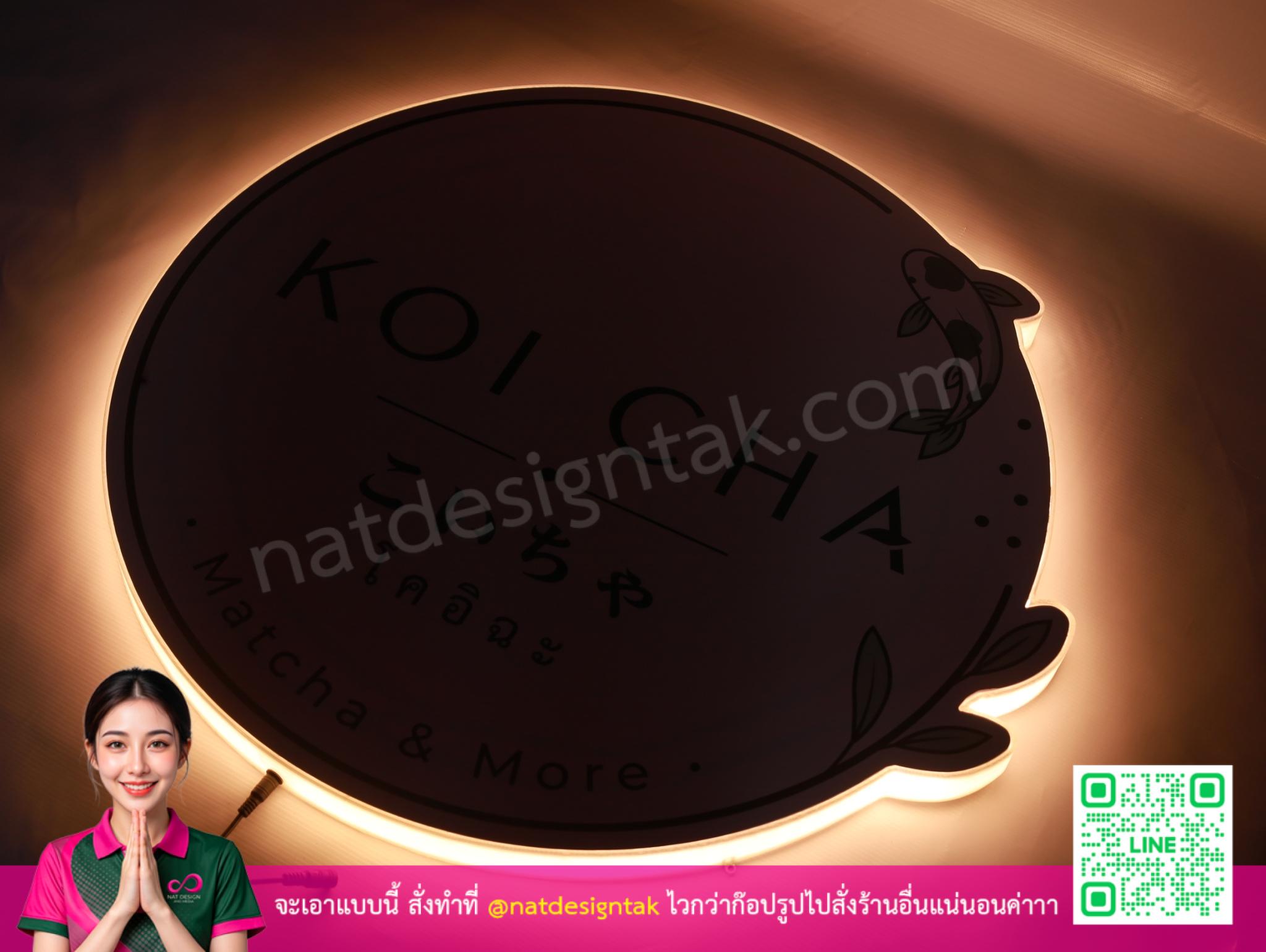 ป้ายไฟโลโก้ Koi Cha มุมด้านข้าง ส่องแสง LED ตกแต่งเนีย