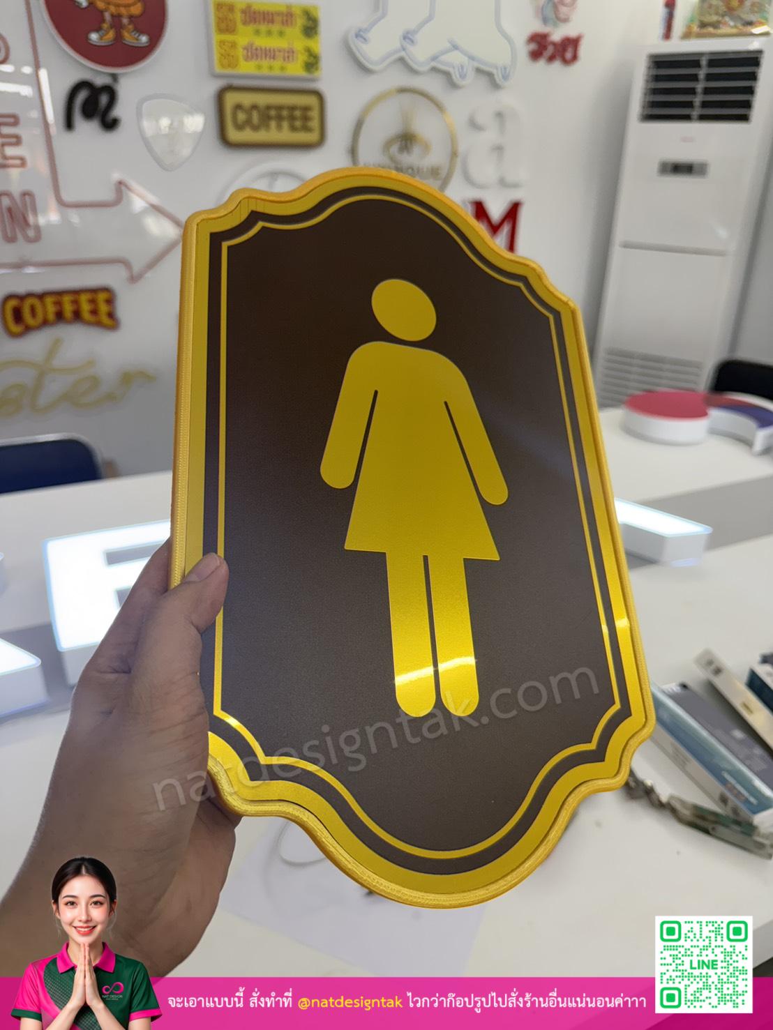 ป้ายห้องน้ำสีทองหรูลูกศรหญิงหลากรูปแบบตั้งโต๊ะ ขายในสตูดิโอ Nat Design