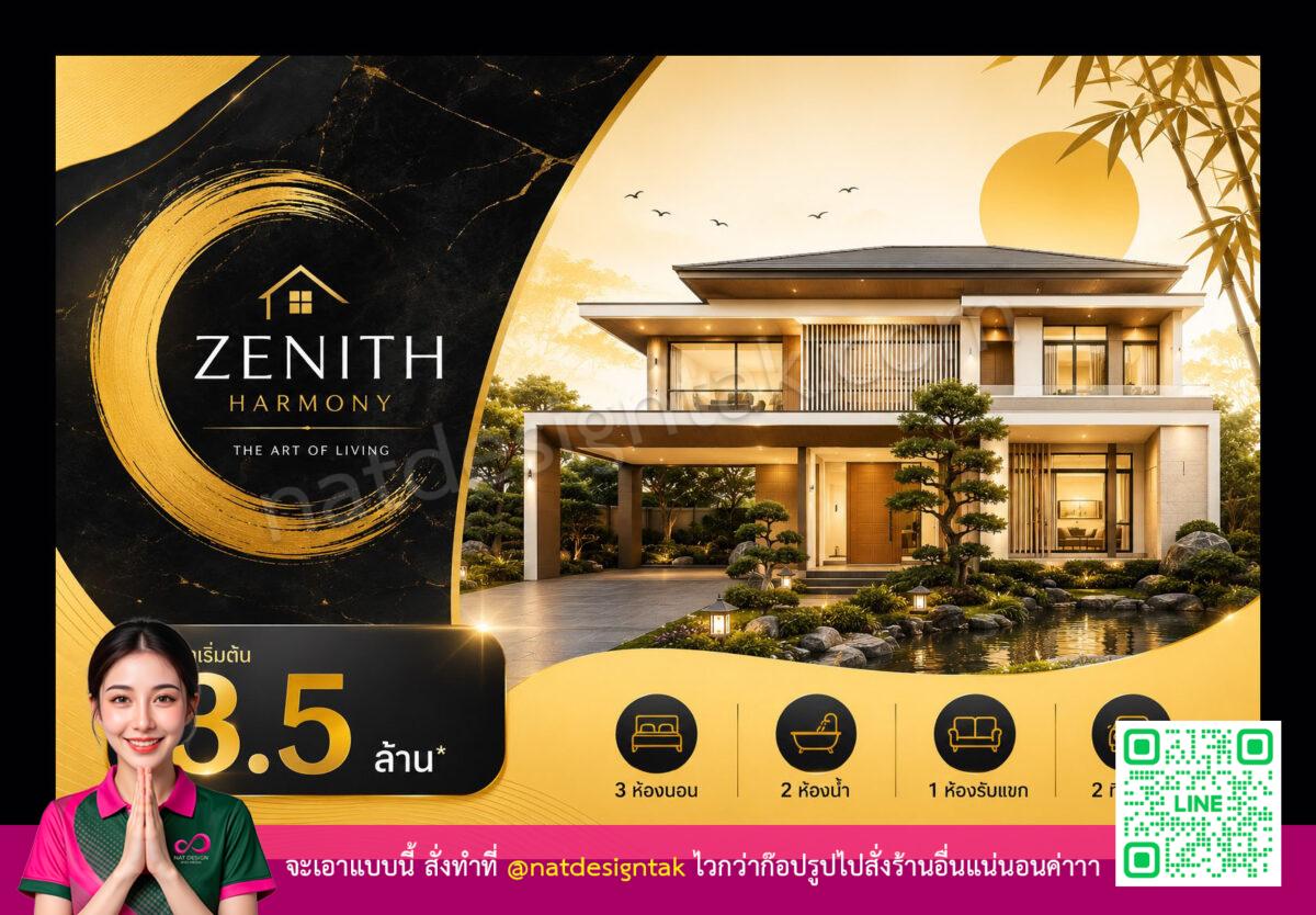 โครงการ Zenith Harmony บ้านสมัยใหม่ชั้นเดียวราคา 3.5 ล้านบาท มี 3 ห้องนอน 2 ห้องน้ำ พร้อมสวนและบ่อน้ำจัดสวน