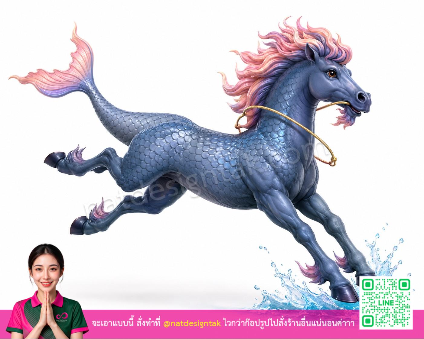 ม้านิลมังกร 3D สัตว์เทพสีน้ำเงินปีกชมพู