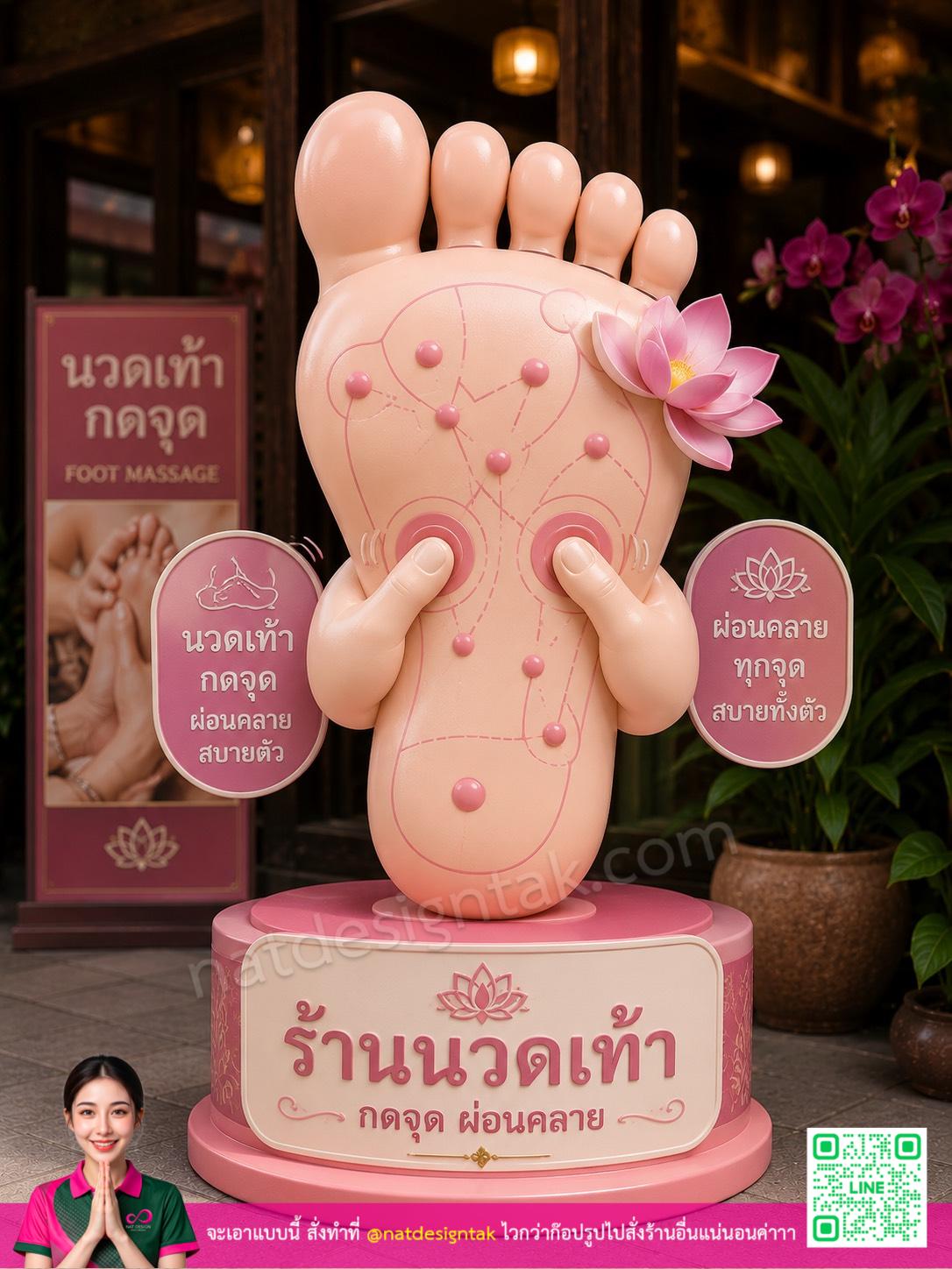ตุ๊กตาตั้งหน้าร้านนวด 3D เท้าสีชมพูโชว์ที่จุด acupressure น่ารัก