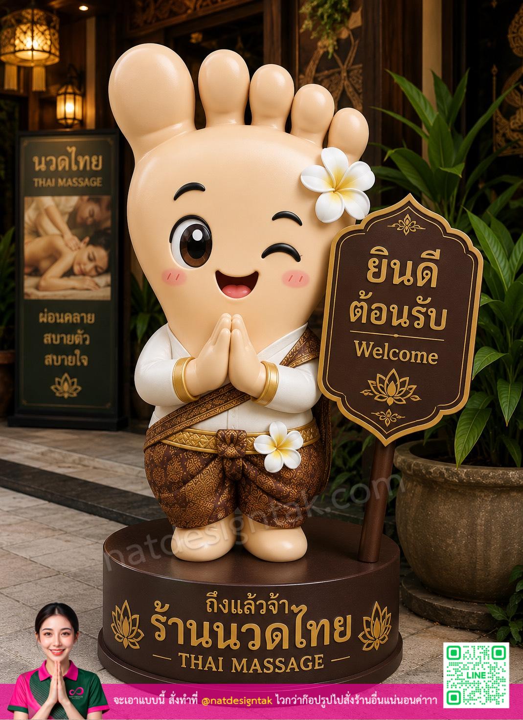 ตุ๊กตาตั้งหน้าร้านนวด 3D สีครีมทำท่าสวัสดีต้อนรับลูกค้าด้วยกิริยาแบบไทย