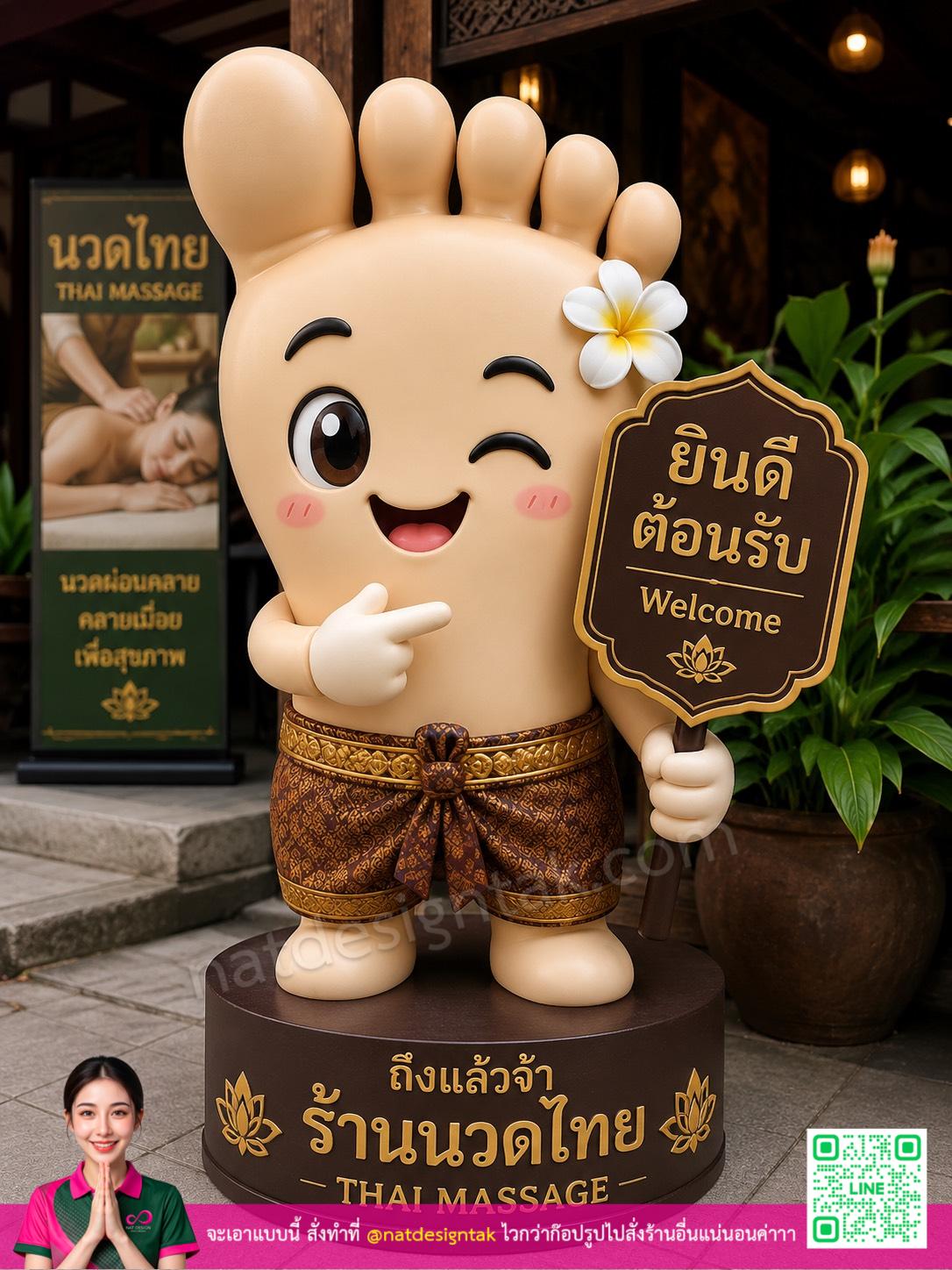 ตุ๊กตาตั้งหน้าร้านนวด 3D ตัวการ์ตูนยิ้มแย้มชี้นำลูกค้าสู่ร้านนวดไทย
