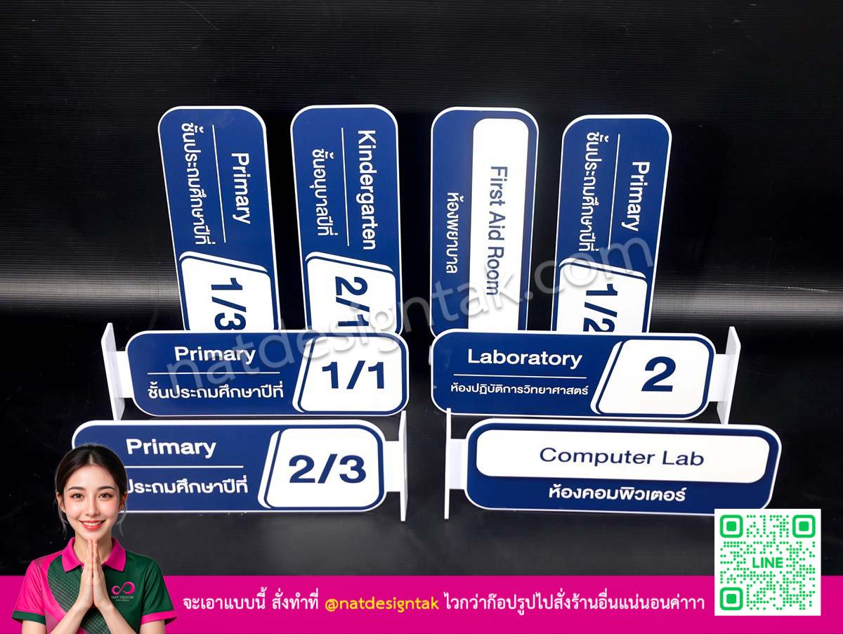 [ภาพมุมเฉียงแสดง มิติของ ป้ายชั้นเรียนติดหน้าห้อง พลาสวูด]