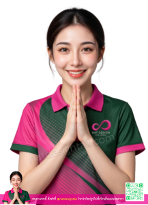 หญิงสาวยิ้มแย้มกำลังไหว้ สวมเสื้อโปโลสีชมพูและสีเขียวของ NAT DESIGN AND MEDIA บนพื้นหลังสีขาว