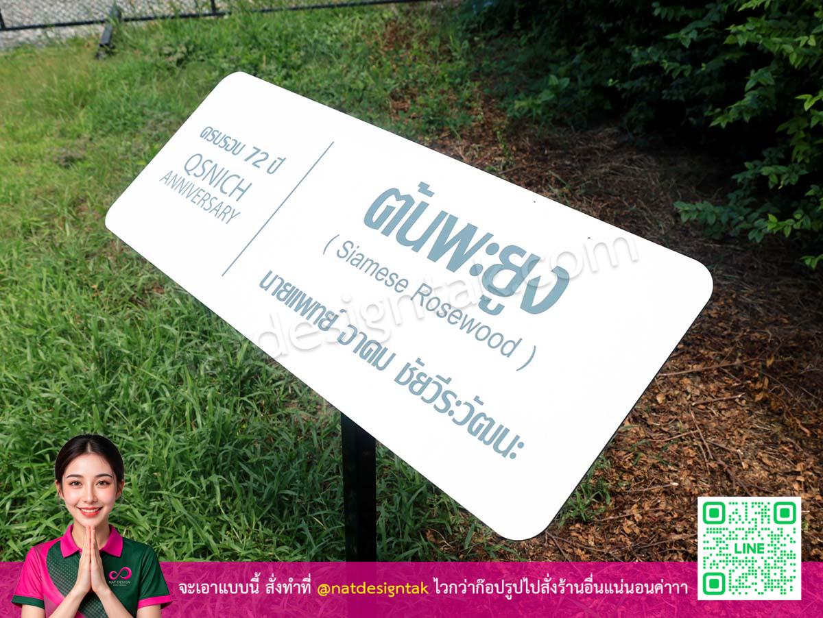 ป้ายต้นไม้ คบรอบ 72 ปี QSNICH แบบตั้งพื้นพร้อมข้อมูลต้นกุหลาบ