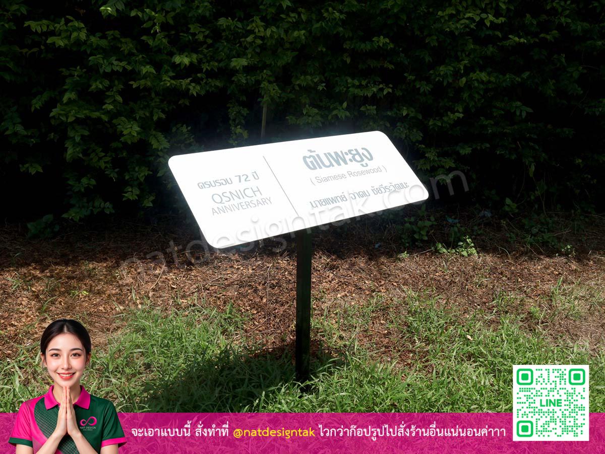 ป้ายระบุชื่อต้นไม้พร้อมแสงสว่างในเวลากลางคืน