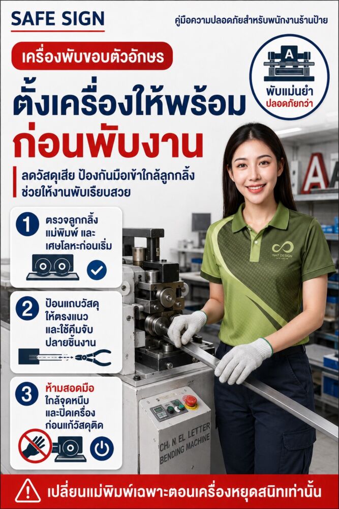 ตั้งเครื่องให้พร้อมก่อนพับงาน เครื่องพับขอบตัวอักษร