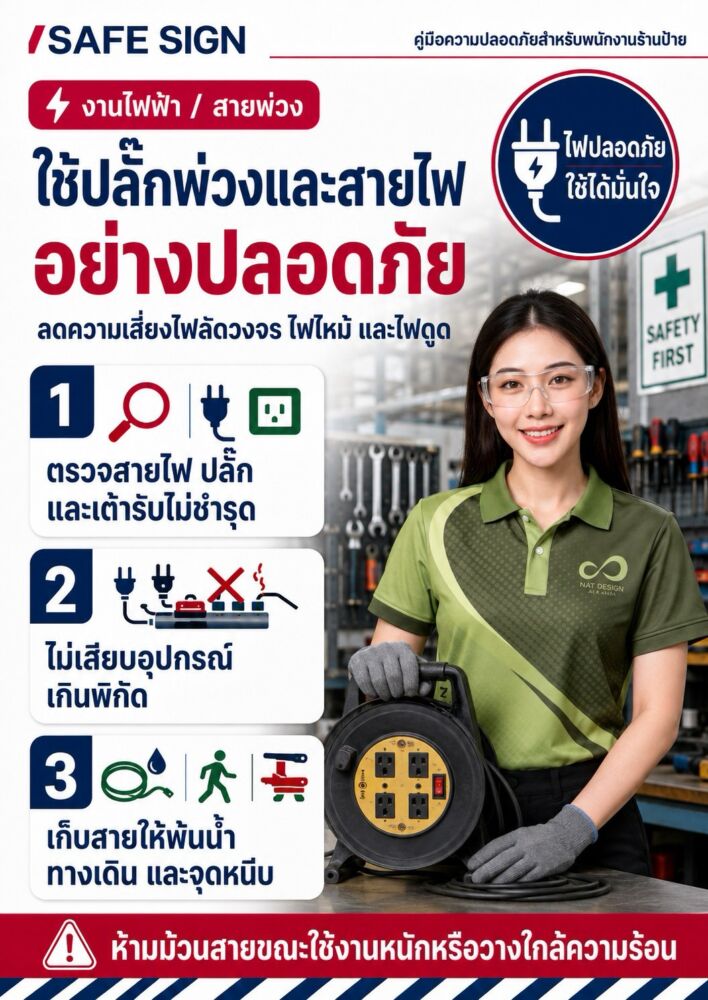 ใช้ปลั๊กพ่วงและสายไฟอย่างปลอดภัย