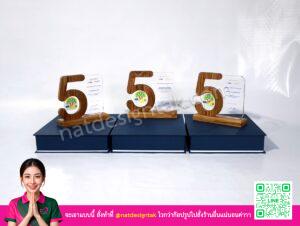 โล่รางวัลประหยัดไฟเบอร์ 5 ตัวเลข 5 ไม้สักบนฐานไม้ 3 ชิ้น