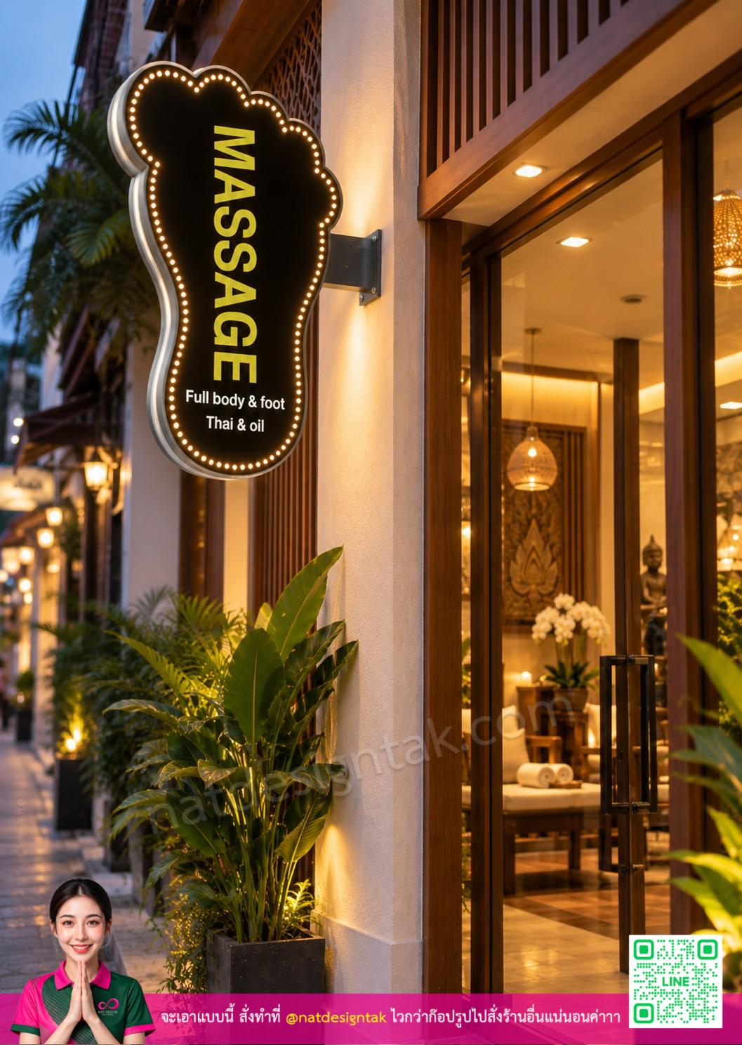 ป้ายร้านนวด massage แบบแขวนยื่นผนัง รูปเท้าติดไฟ LED
